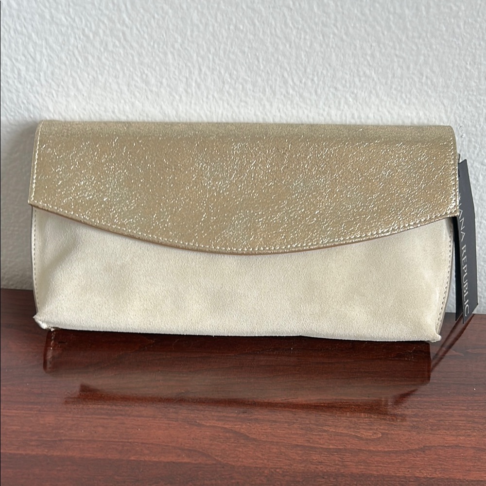 Banana Republic Gold and Cream Clutch with Curved Flap